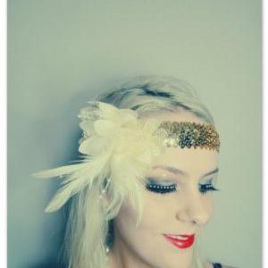 1920s Cream And Gold Feather Flapper Headband..