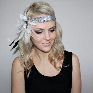 1920s White And Silver Feather Flapper Headband..