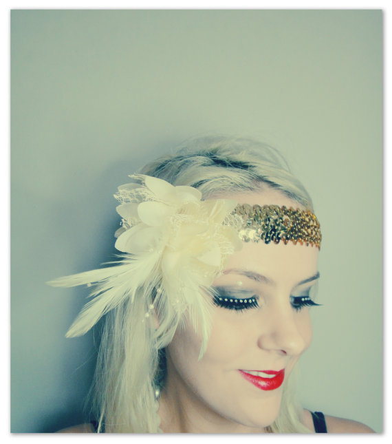 1920s Cream And Gold Feather Flapper Headband Races No.6