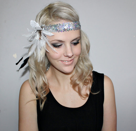 1920s White And Silver Feather Flapper Headband Races No.1