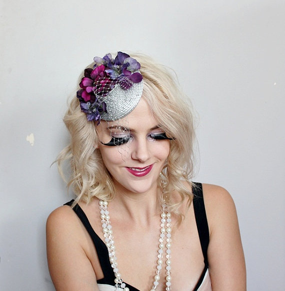 Purple And Grey Piece // Fasinator, Quirky, Circus, Feather Hair Piece