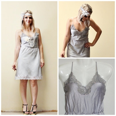 Flapper 1920s Vintage Slip Make Over Hand Dyed Grey With Beading Roaring 20s